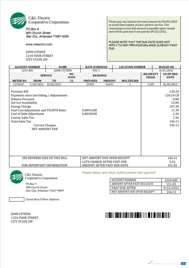 USA Arkansas C & L Electric Cooperative Corporation utility bill template in Word and PDF format